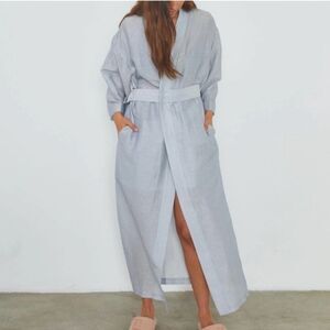 Lunya Silk Linen Blend Striped Belted Kimono Robe | Medium | Blue + White